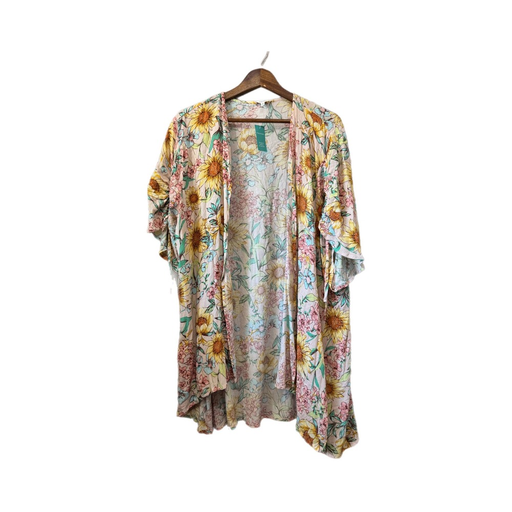 Maurices Kimono Women XL Pink Floral NWT Sunflower Ruched Sleeve Boho Layering
